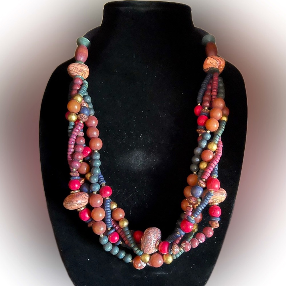 Multicolor Wooden Beaded Necklace-13” with hook closure